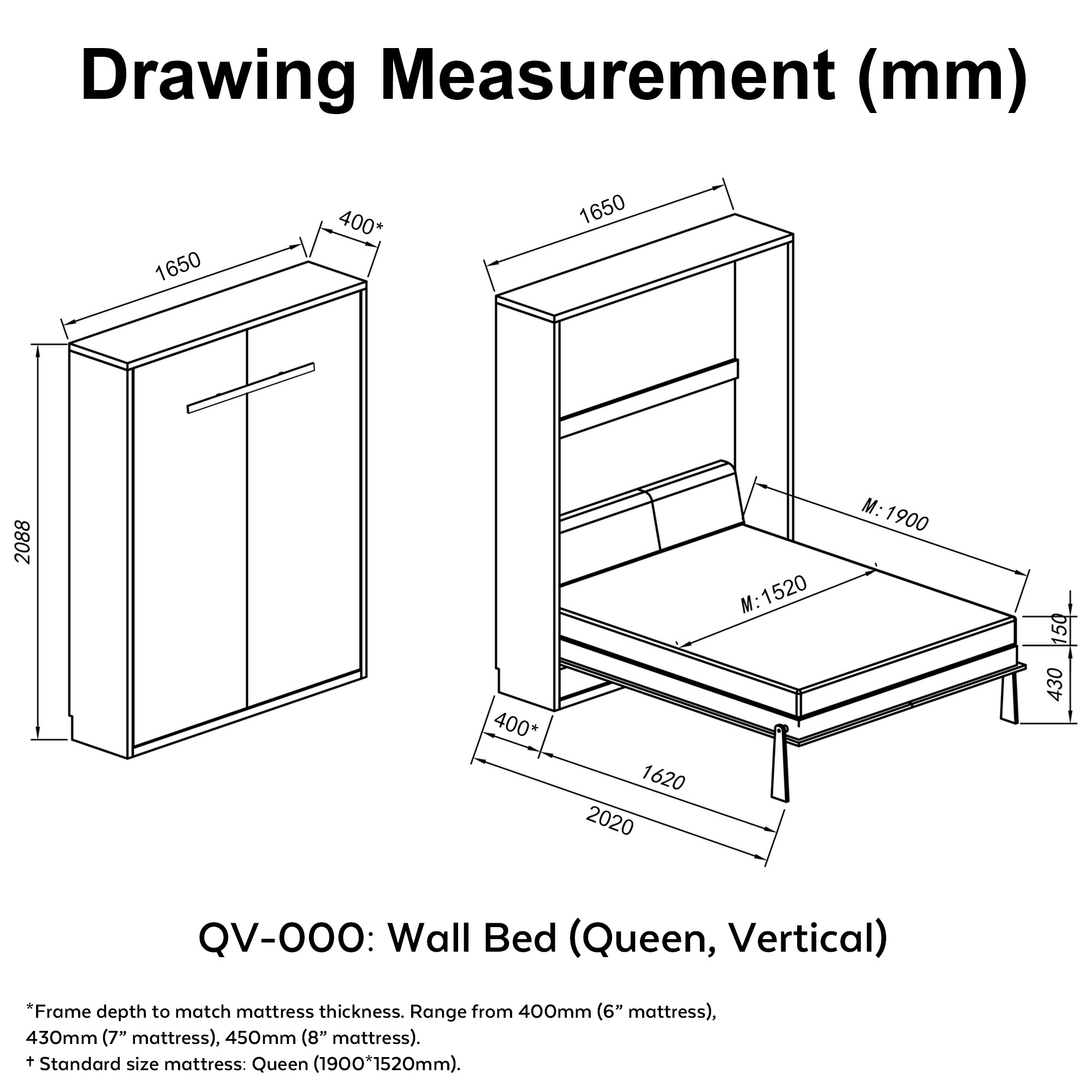 Queen Vertical Hidden Wall Bed, Space Saving, Foldable Murphy Bed (QV000)